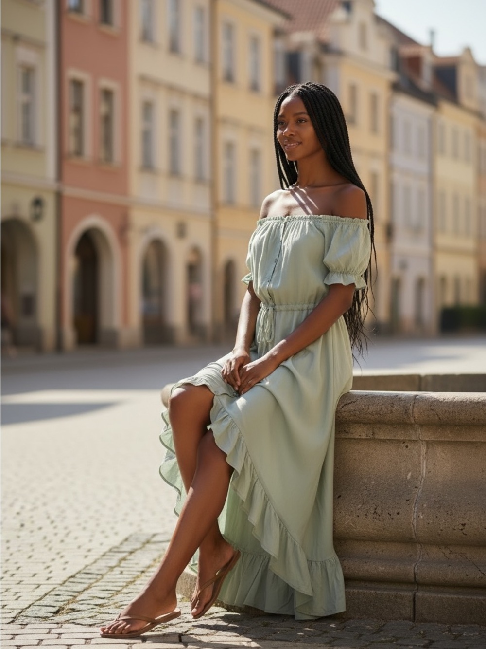Off-Shoulder Sage Green Ruffle-Hem Maxi Dress - Picture 2 of 7